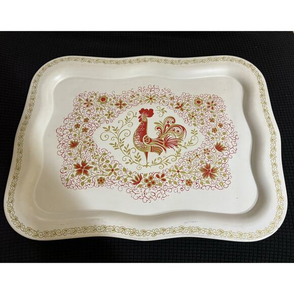 Set of 2 Vintage Mid Mod Rooster Metal Serving Trays Large 18" x 13" Retro 1960s - Picture 1 of 4